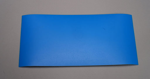 Front side view of PU conveyor belt with 1mm thickness, blue mat top color, and white fabric bottom color.