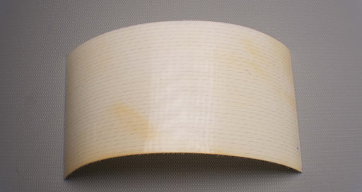 Front side view of PU conveyor belt with 1.2mm thickness, clear smooth top color, and white fabric bottom color.