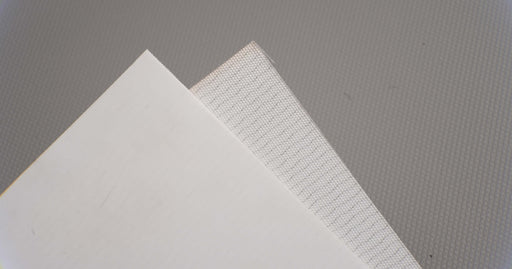 View showing both front and back sides of PU conveyor belt with 0.6mm thickness, white mat top color, and white fabric bottom color.
