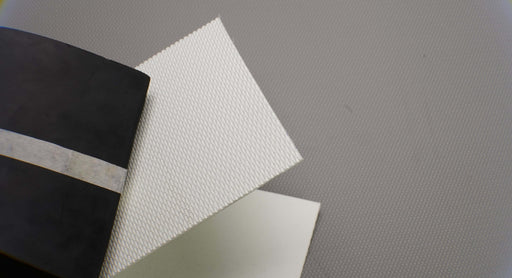 PU conveyor belt showing white shallow rough top and white fabric bottom, 2.20mm thickness, both sides view