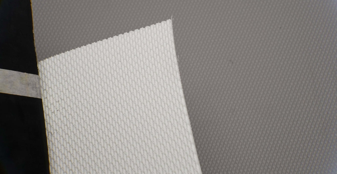 View of PU conveyor belt with white shallow rough top and white fabric bottom, 2.20mm thickness, both sides