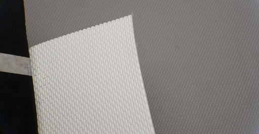 View of PU conveyor belt with white shallow rough top and white fabric bottom, 2.20mm thickness, both sides