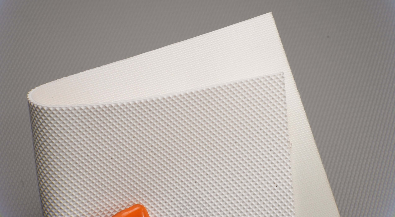 PVC conveyor belt showing white negative pyramide top and white polyester fabric bottom, 2.20mm thickness, both sides view.