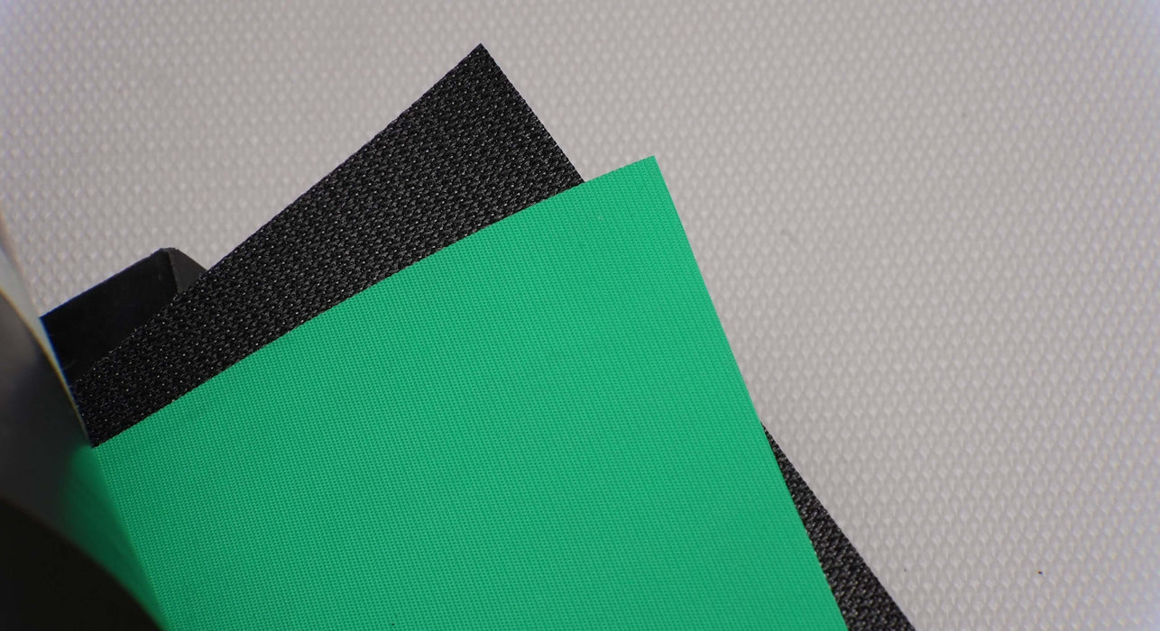 Polyurethane PU belt with green polyester top and black TPU impregnated bottom, 0.5mm thickness