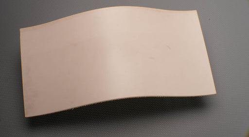 Top view of rubber conveyor belt with smooth white surface, 1/8 inch thickness, and a temperature range of -22°F to +176°F.