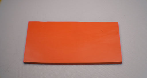 Front view of silicone rubber conveyor belt with smooth red top surface, 1/2 inch thickness, tensile strength of 130-150 psi, and elongation of 200-280%.
