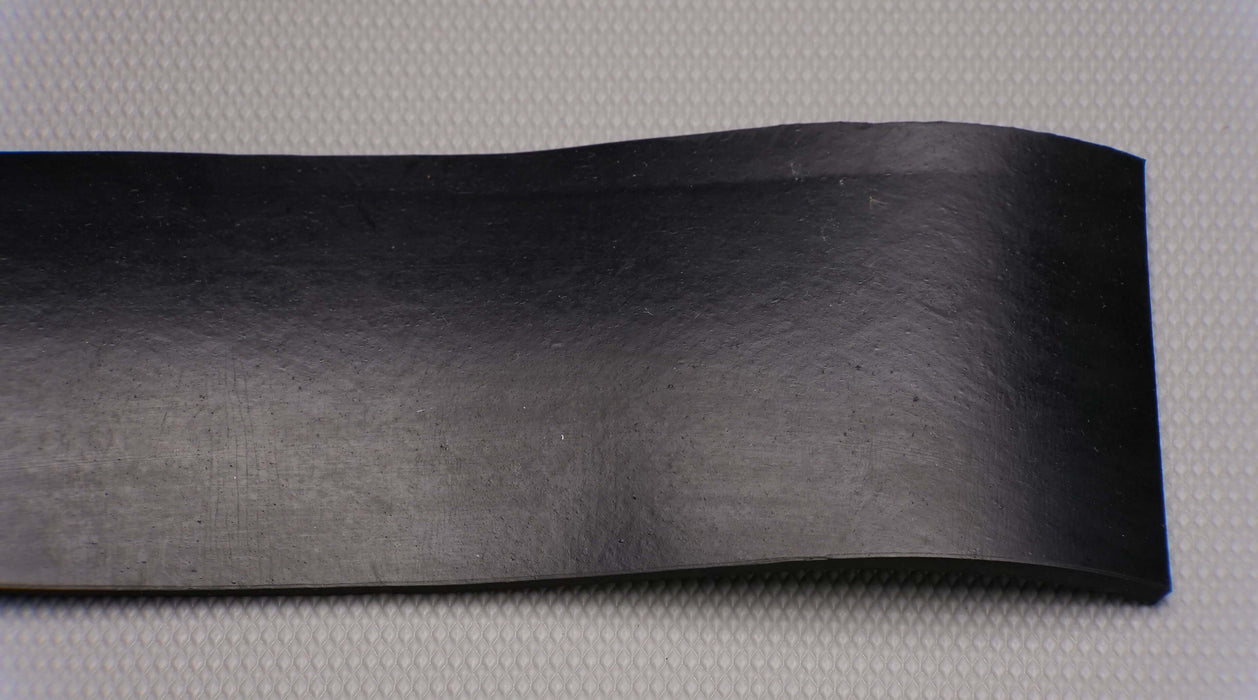 MOR rubber conveyor belt showing the top side. The material is black with a thickness of 3/16", 50 durometer, and suitable for temperatures between -20F to +170F.