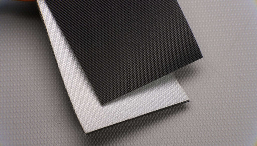 Front and back views of a PVC conveyor belt, 3mm thick. The belt has a black impregnated top and a white fabric bottom. Features three layers with monofilament fabric and a strength of 1% elongation at 15 nm.