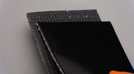 Back and front side views of a PVC conveyor belt with a single Interwoven layer. The belt is black on both sides. Specifications include a thickness of 4.5mm, strength of 28nm, and smooth top with fabric bottom.