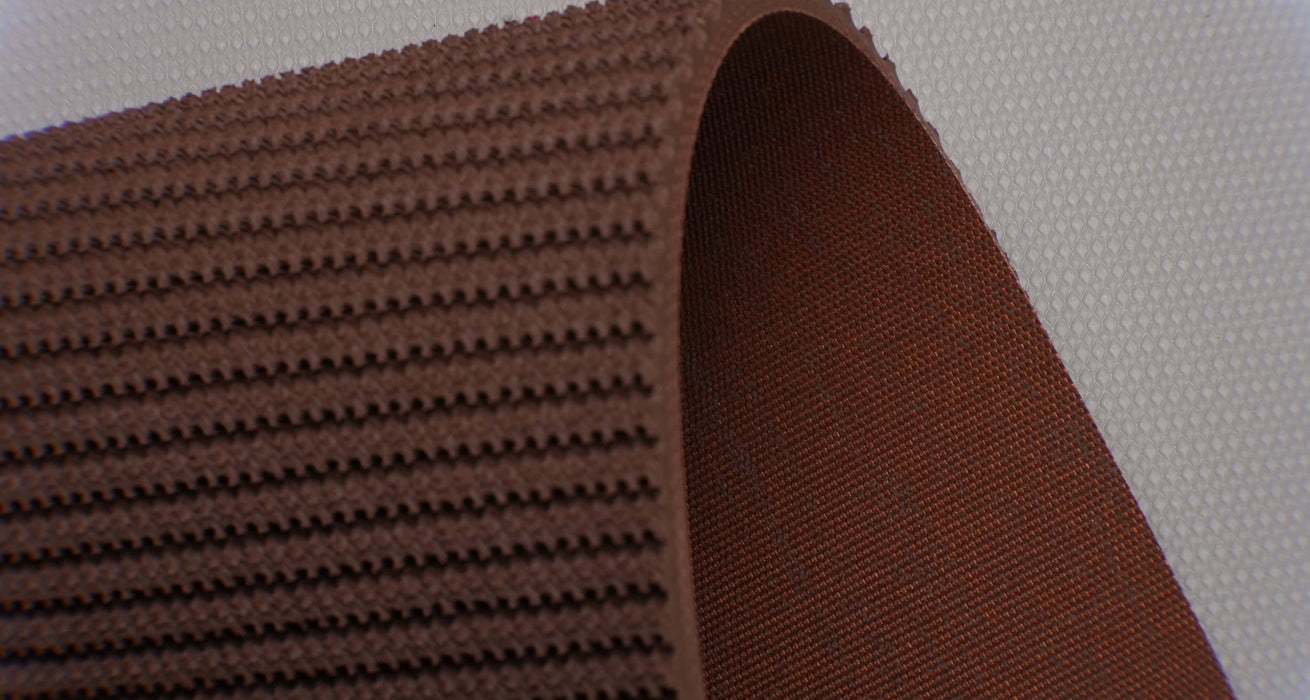 RBR conveyor belt showing both the front and back sides. The front has a brown rough top, while the back is tan fabric. The belt is 7mm thick, made of 3 layers, with a strength of 42nm elongation. The top color is brown, and the bottom color is tan.