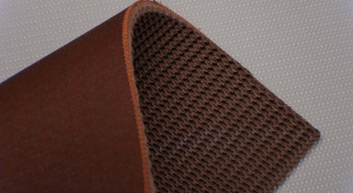 RBR conveyor belt showing both the top and bottom sides. The top side is brown with a rough texture, while the bottom side is tan fabric. The belt is 7mm thick, has 3 woven layers, a strength of 42nm elongation, and is made from RBR material.
