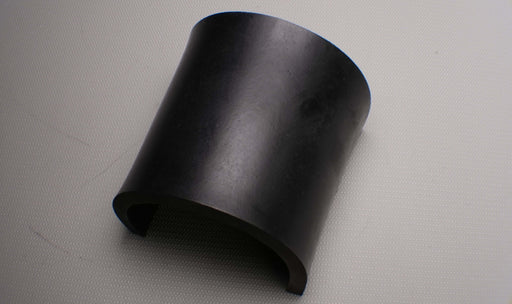 Front and top view of skirtboard rubber conveyor belt, 1/2" thickness, black color, smooth top and bottom surfaces, durometer 55-75, tensile 1650 psi.