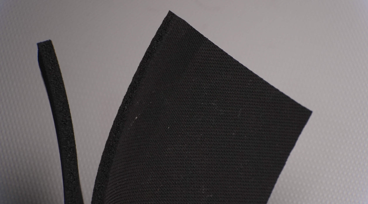 Side view showing the thickness of EPDM rubber conveyor belt with 1/4 inch thickness, black color, open cell fabric.