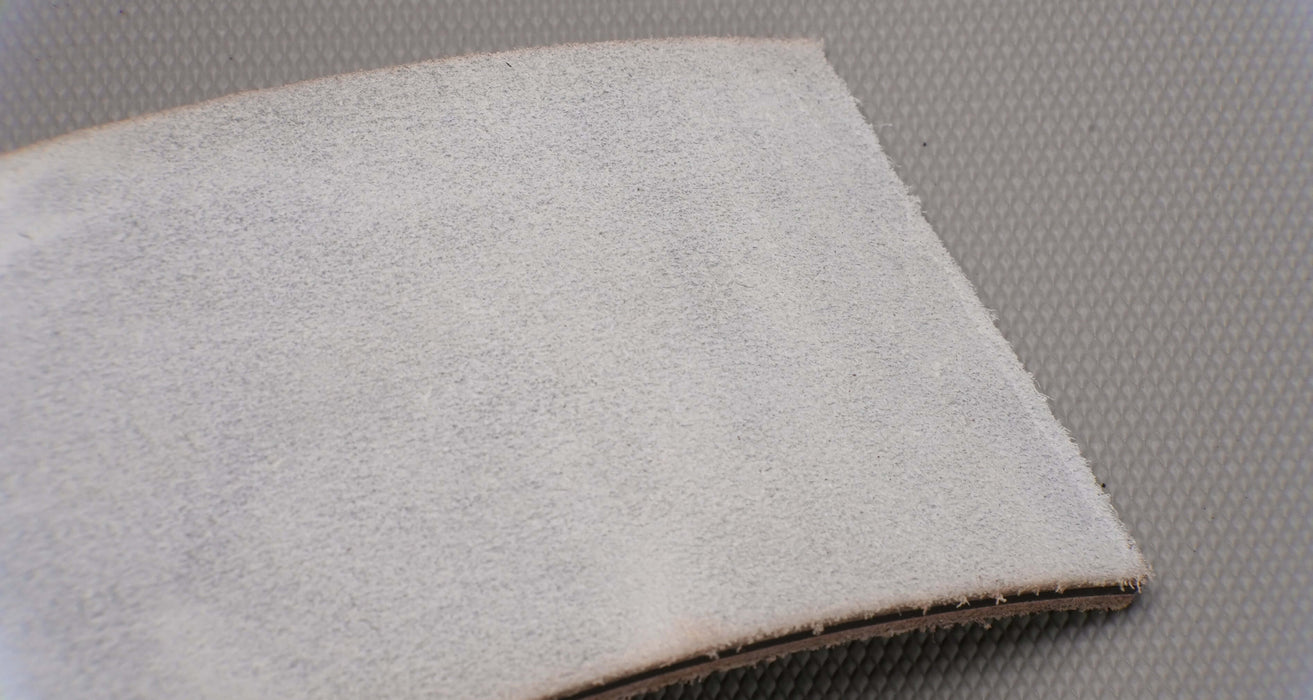 Top view of leather conveyor belt with grey color, 3 layers, and 5.6mm thickness