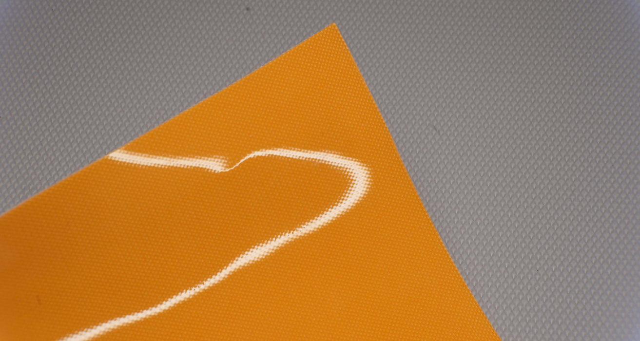 PU conveyor belt with amber glossy top and transparent bottom, 0.75mm thickness, top view.