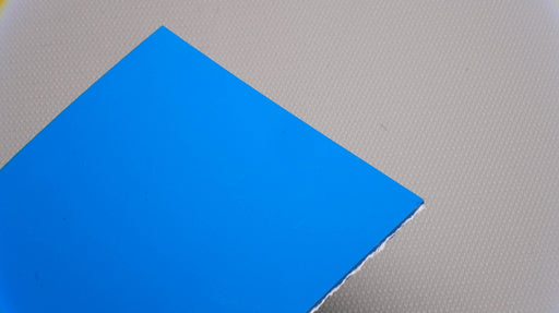 Front side view of PU conveyor belt with 0.20 inch thickness, blue color, 2 layers, polyurethane fabric, and 45.68 lbf/in strength.