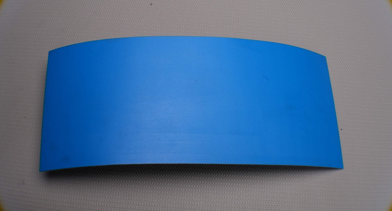  Front side view of PU conveyor belt with 1.2mm thickness, blue mat top color, and white fabric bottom color.