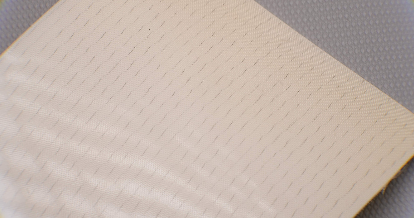 Front side view of PU conveyor belt with 2mm thickness, clear smooth top color, and white fabric bottom color.
