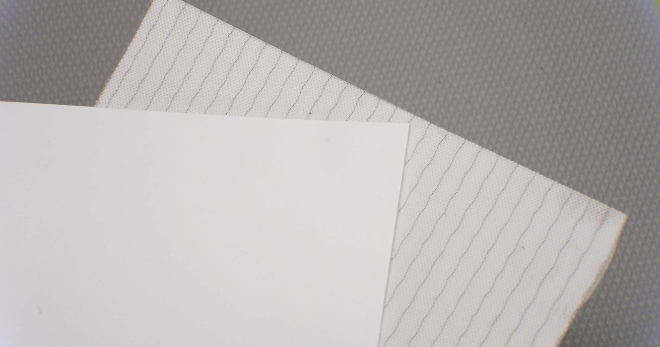  View showing both front and back sides of PU conveyor belt with 1.2mm thickness, white mat top color, and white fabric bottom color.