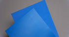 View showing both top and bottom sides of PU conveyor belt with 1.2mm thickness, blue mat top color, and white fabric bottom color.