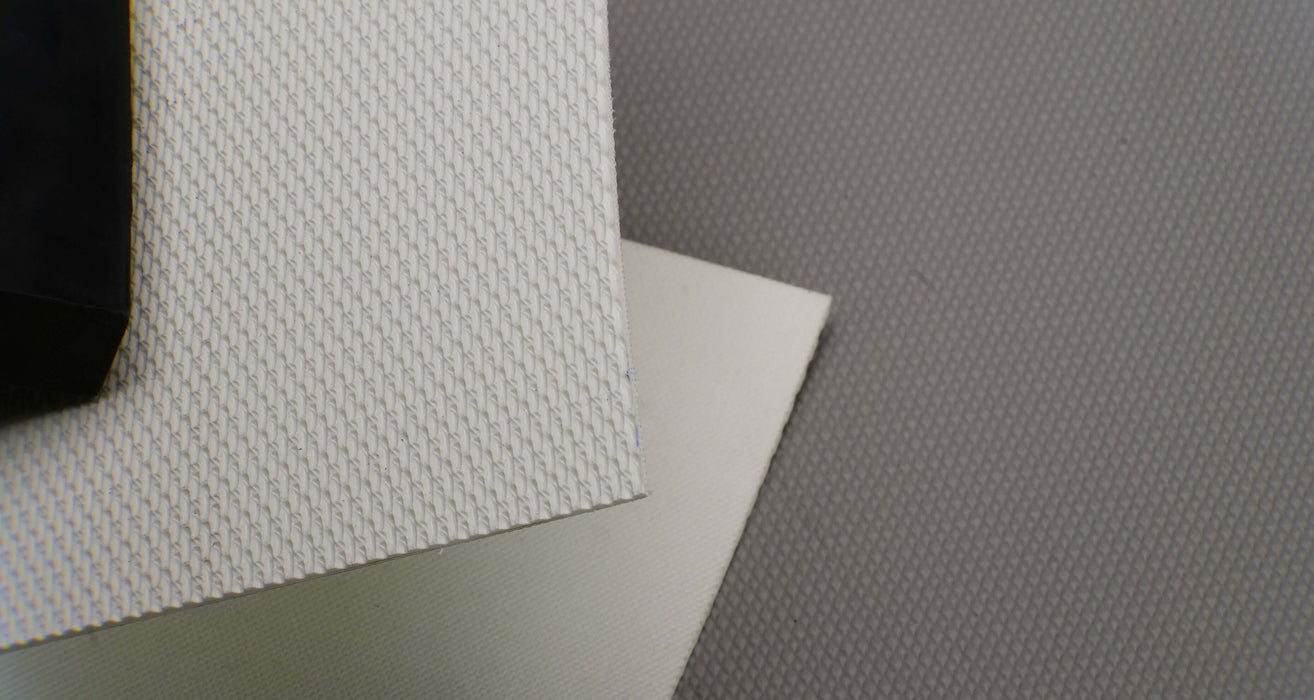 Both sides view of PU conveyor belt with white shallow rough top and white fabric bottom, 2.20mm thickness