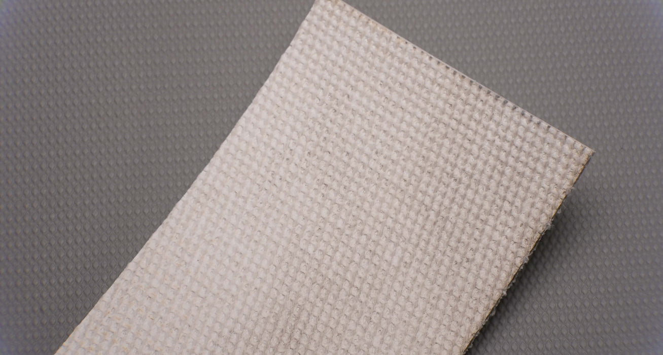 Back side view of PVC conveyor belt showing fabric bottom material in white, 4.5mm thickness.