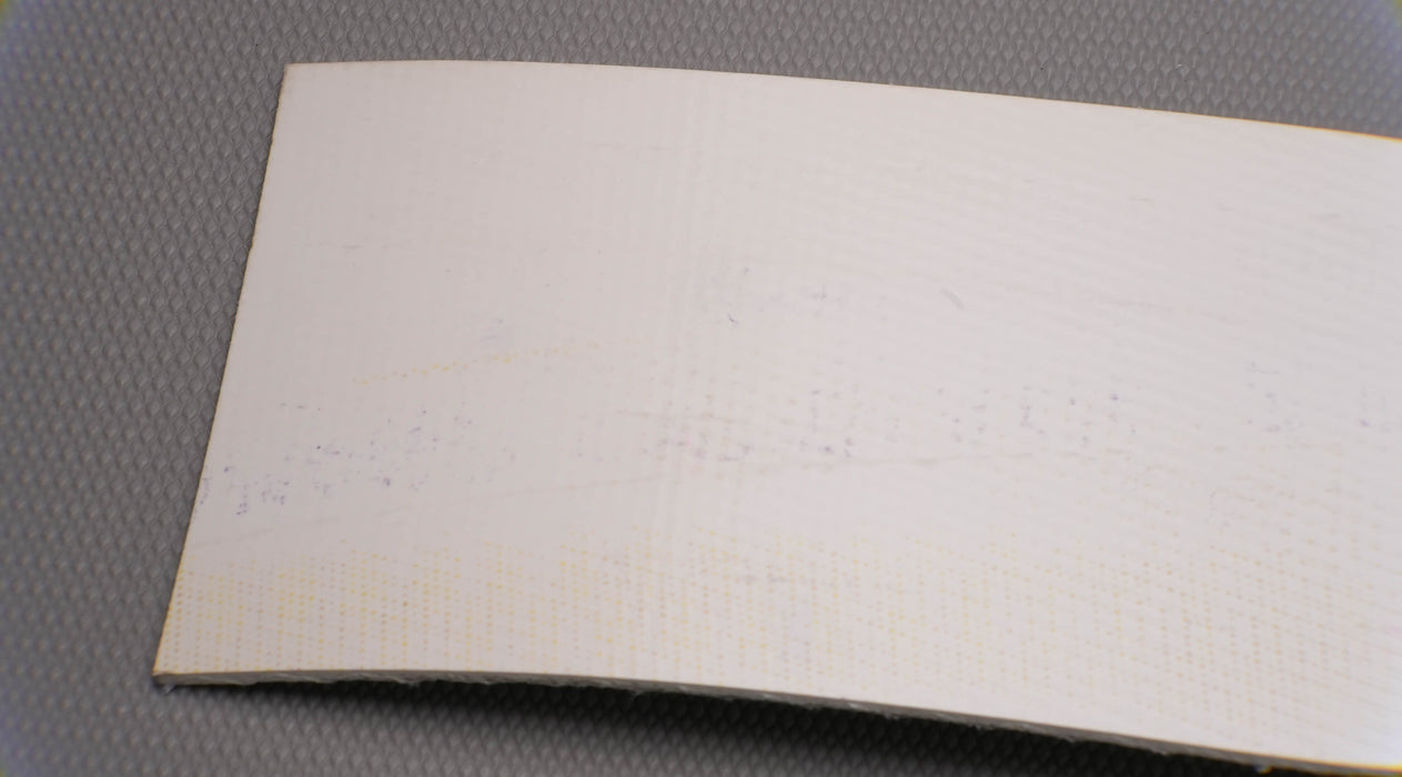 Second back side view of PVC conveyor belt showing fabric bottom material in white, 4.5mm thickness.