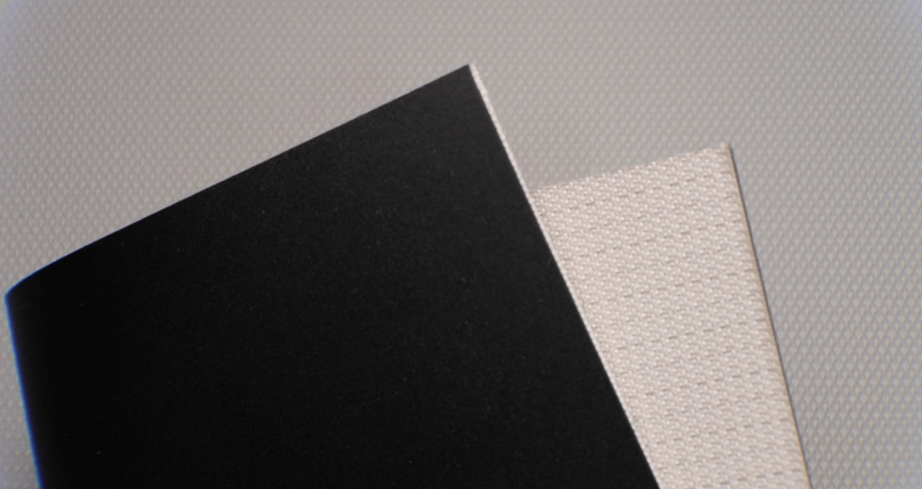View showing both front and back sides of PVC conveyor belt with 2mm thickness, black smooth top color, and white fabric bottom color.