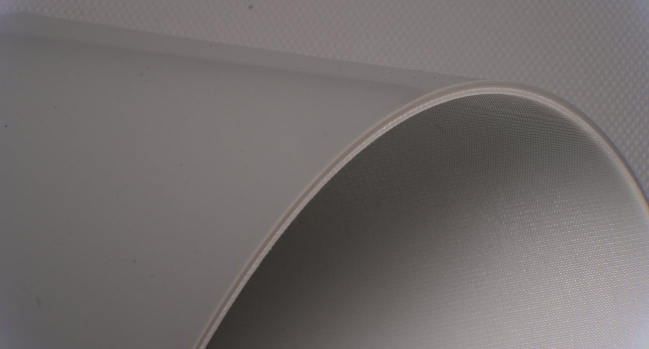 Glossy top view of PVC 2-layer polyester conveyor belt.