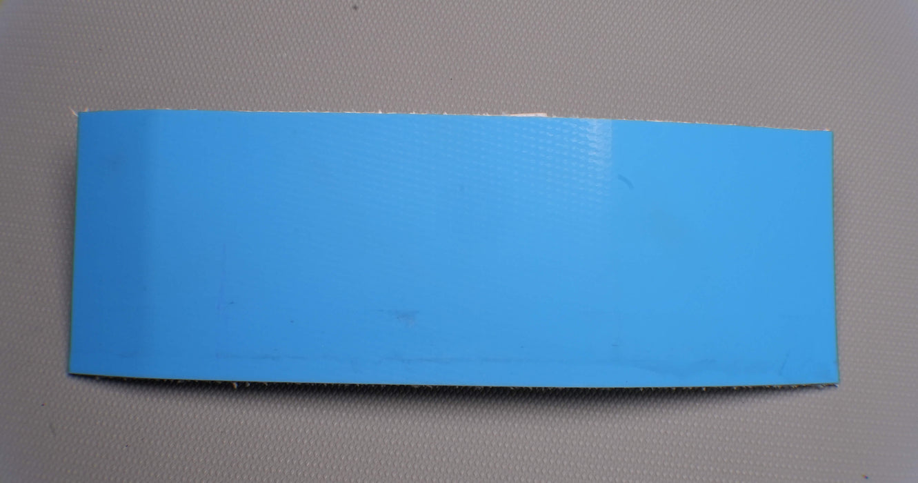 Top view of PVC conveyor belt with smooth blue surface, 4.5mm thickness, and interwoven fabric construction with 28nm strength.