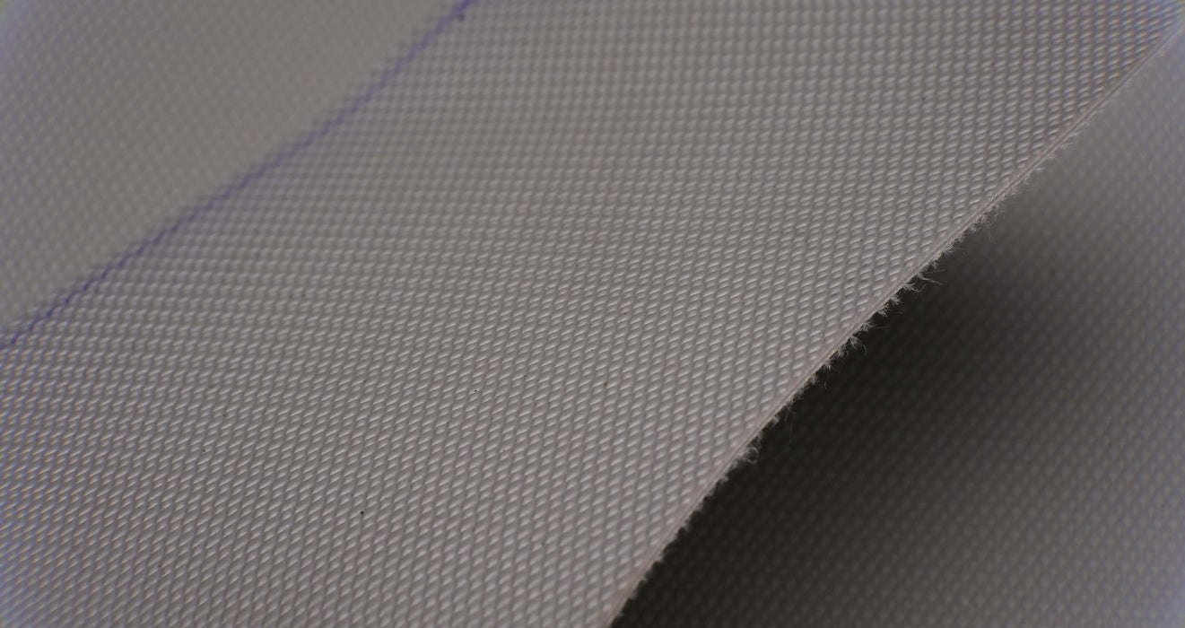 Bottom view of PVC conveyor belt showing white fabric surface, 2.2mm thickness.