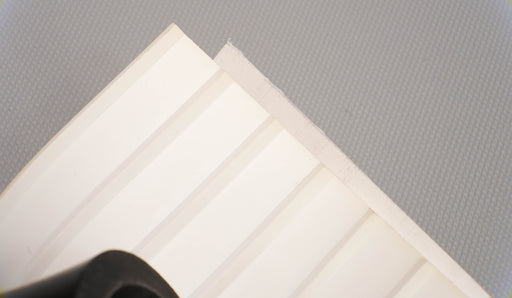 RMV conveyor belt showing both front and back sides, featuring a white meat-cleat top and fabric bottom, with a thickness of 0.25 inch.