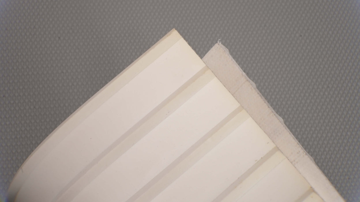  RMV conveyor belt showing both front and back sides again, with white meat-cleat top and fabric bottom, and 0.25 inch thickness.