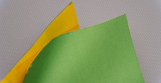 Front and back view of NC nylon conveyor belt, 0.8 nm thickness, yellow top and green bottom, fabric material, 1 layer, 1% elongation at 1.8 N/mm.