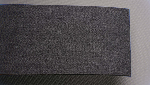 Front and top view of polyester (PET) fleece conveyor belt, 0.13" thickness, black color, impregnated fleece on both sides, 1 layer, 1% elongation at 20 N/mm.
