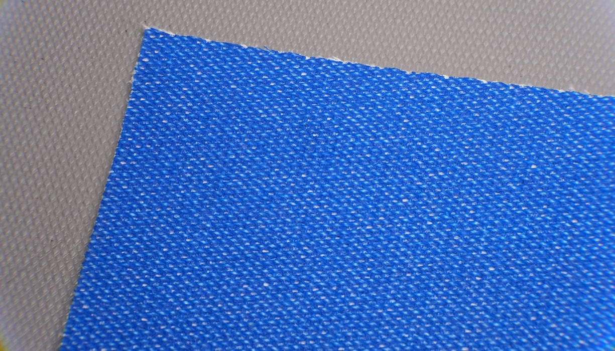 Front side view of a PU conveyor belt with a smooth top and fabric bottom. The belt is 0.20" thick and blue in color for both top and bottom.