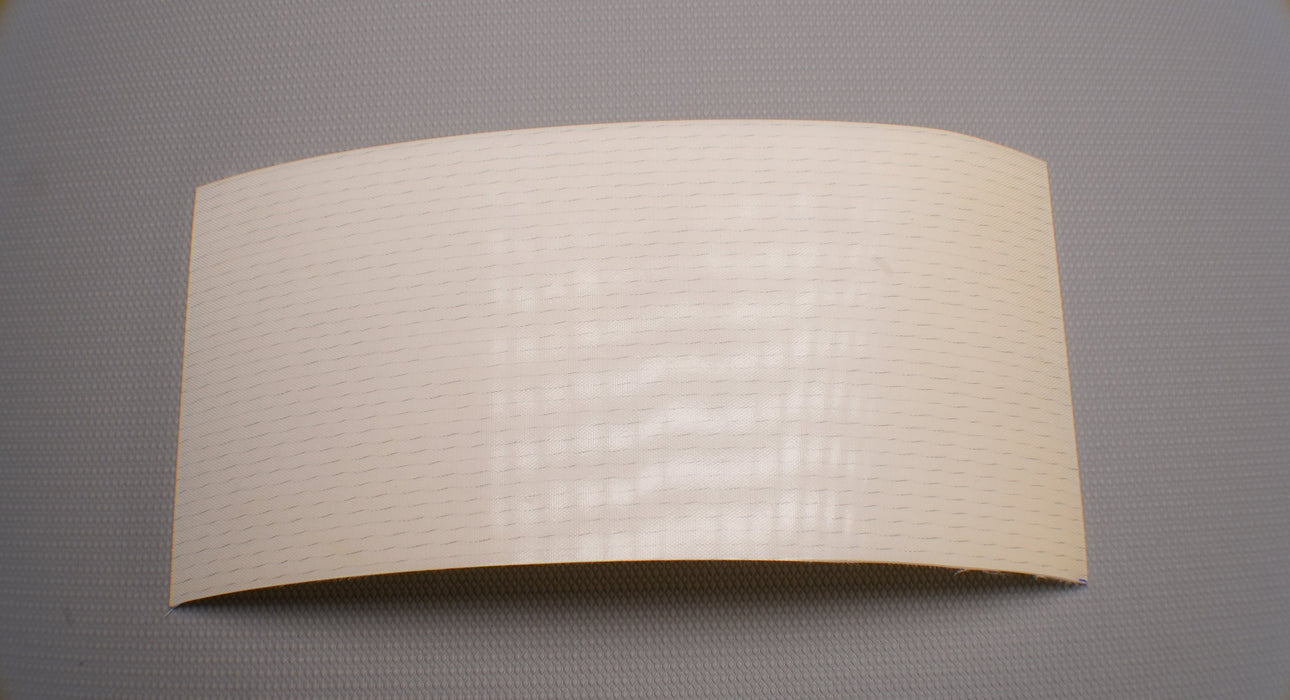 Front view of a PU conveyor belt with a smooth top and fabric bottom. The belt is 2mm thick, with a clear top side and white bottom, and a strength of 1% elongation at 10nm.