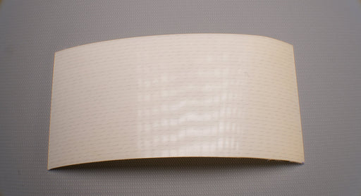 Front view of a PU conveyor belt with a smooth top and fabric bottom. The belt is 2mm thick, with a clear top side and white bottom, and a strength of 1% elongation at 10nm.