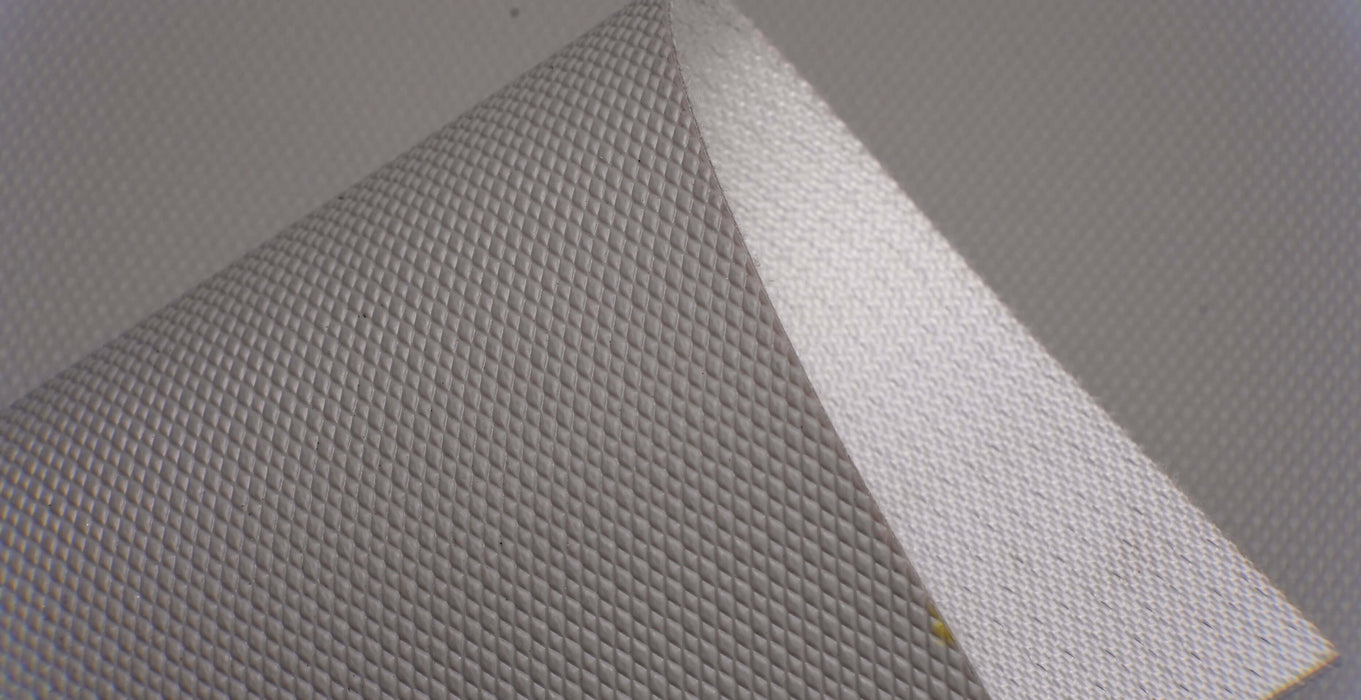 Photo showing both the front and back sides of a PVC conveyor belt with 2.2mm thickness, featuring a snake skin pattern on the grey top and a white fabric bottom, with monofilament layers and a strength of 1% elongation at 8nm.