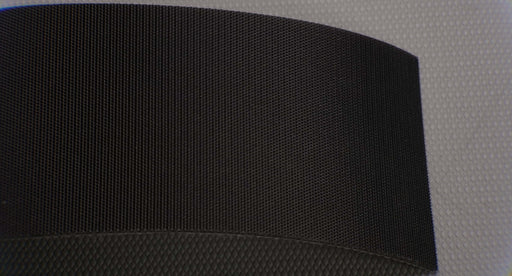 Front view of a PVC conveyor belt, 3mm thick, with a black impregnated top and a white fabric bottom. The belt features three layers with monofilament fabric and a strength of 1% elongation at 15 nm.