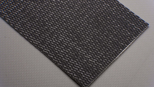 Front side view of a PVC conveyor belt with 0.19-inch thickness. The belt is black with fabric on both top and bottom, made of polyester with a strength of 1% elongation at 35 N/mm.