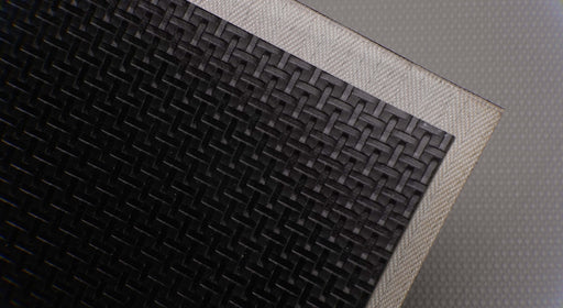 Front and back view of the PVC monofilament conveyor belt with a basket weave top and fabric bottom, 2mm thickness, black top, and white bottom.