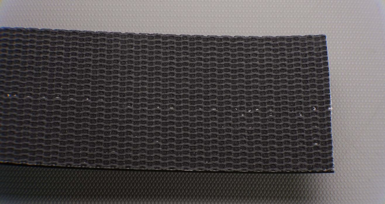 Top and front side view of the PVC polyester conveyor belt, 0.19" thickness, with black top and bottom fabric materials.